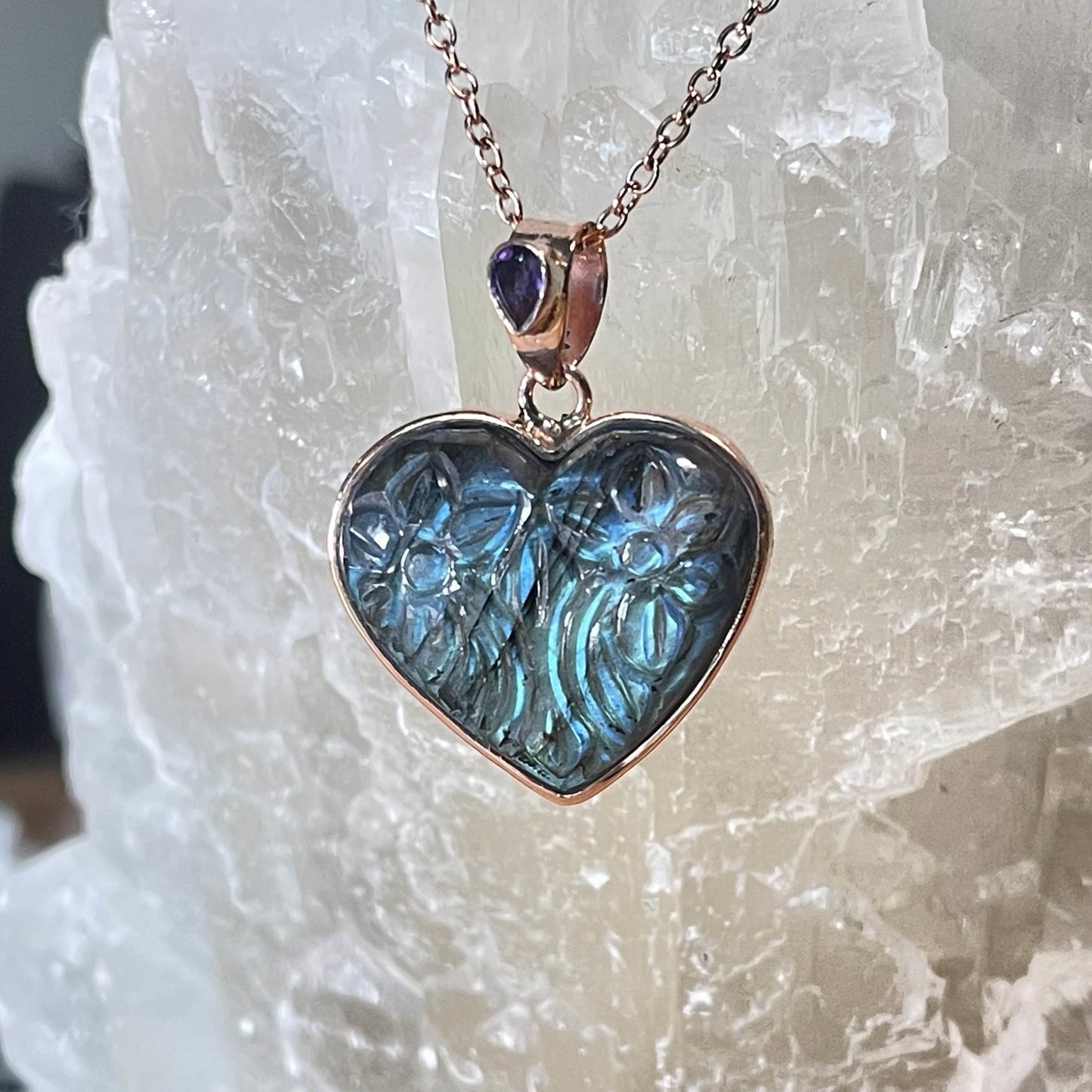 Carved Flowers in Heart Shaped Labradorite & Amethyst Pendant - Healing Stone Beings