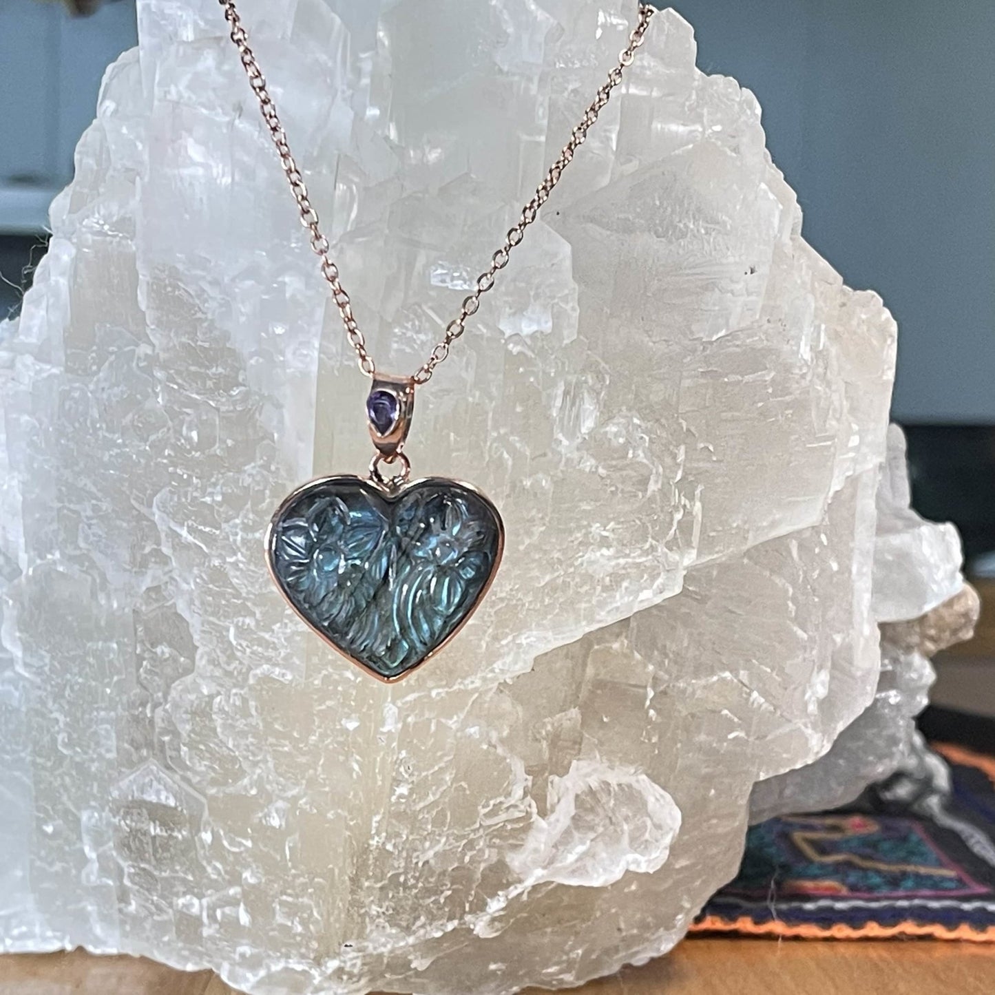 Carved Flowers in Heart Shaped Labradorite & Amethyst Pendant - Healing Stone Beings