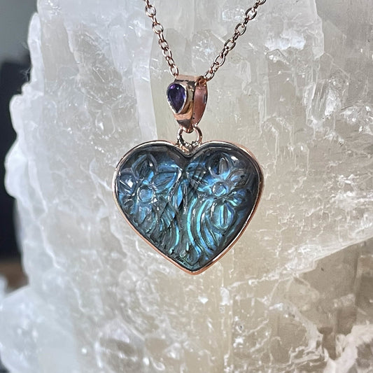 Carved Flowers in Heart Shaped Labradorite & Amethyst Pendant - Healing Stone Beings