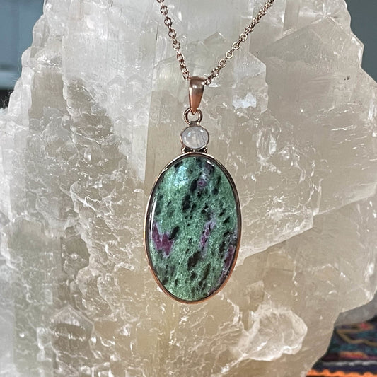Moonstone & Ruby Zoisite Pendant - Healing Stone Beings