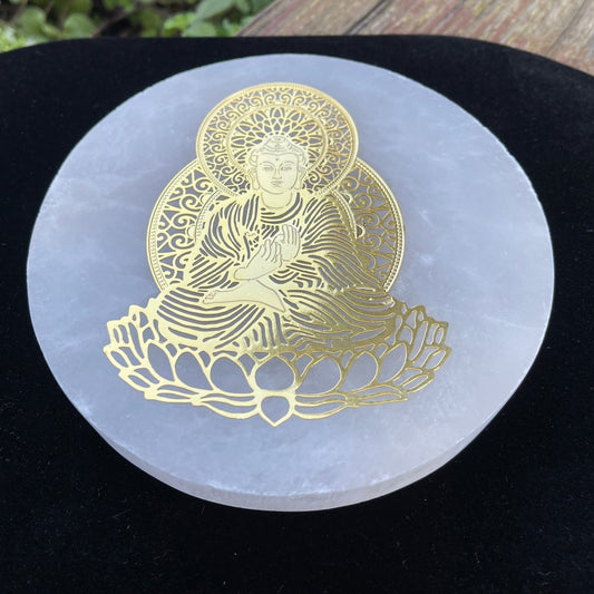 Selenite Charging Plates (Large) with 24k Gold Plated Buddha - Healing Stone Beings