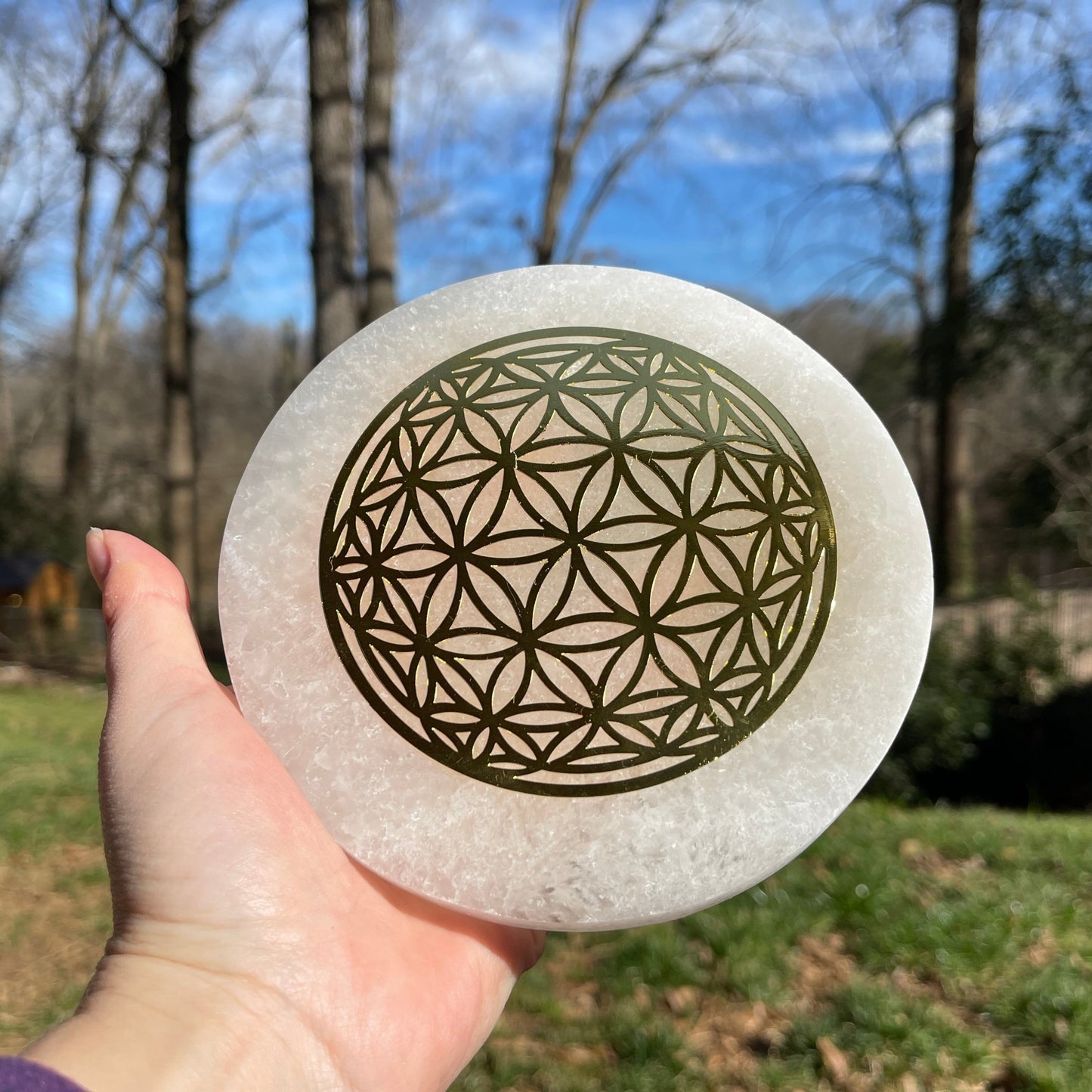 Selenite Charging Plates (Large) with 24k Gold Plated Flower of Life - Healing Stone Beings