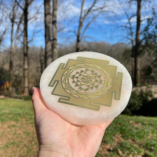 Selenite Charging Plates (Large) with 24k Gold Plated Sri Yantra - Healing Stone Beings