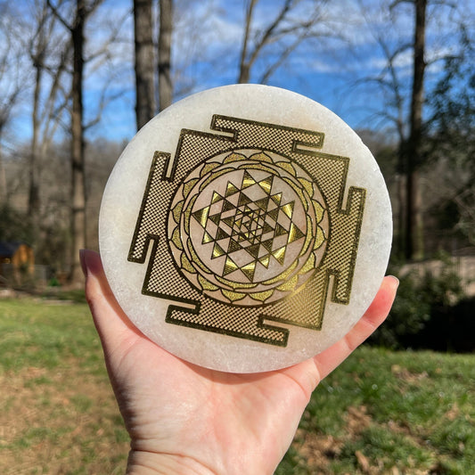 Selenite Charging Plates (Large) with 24k Gold Plated Sri Yantra - Healing Stone Beings